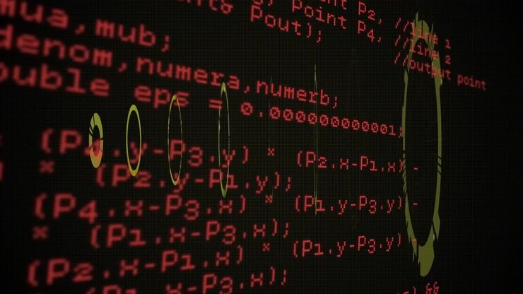 Grafica HUD futuristica sovrapposta a codice di programmazione rosso che scorre