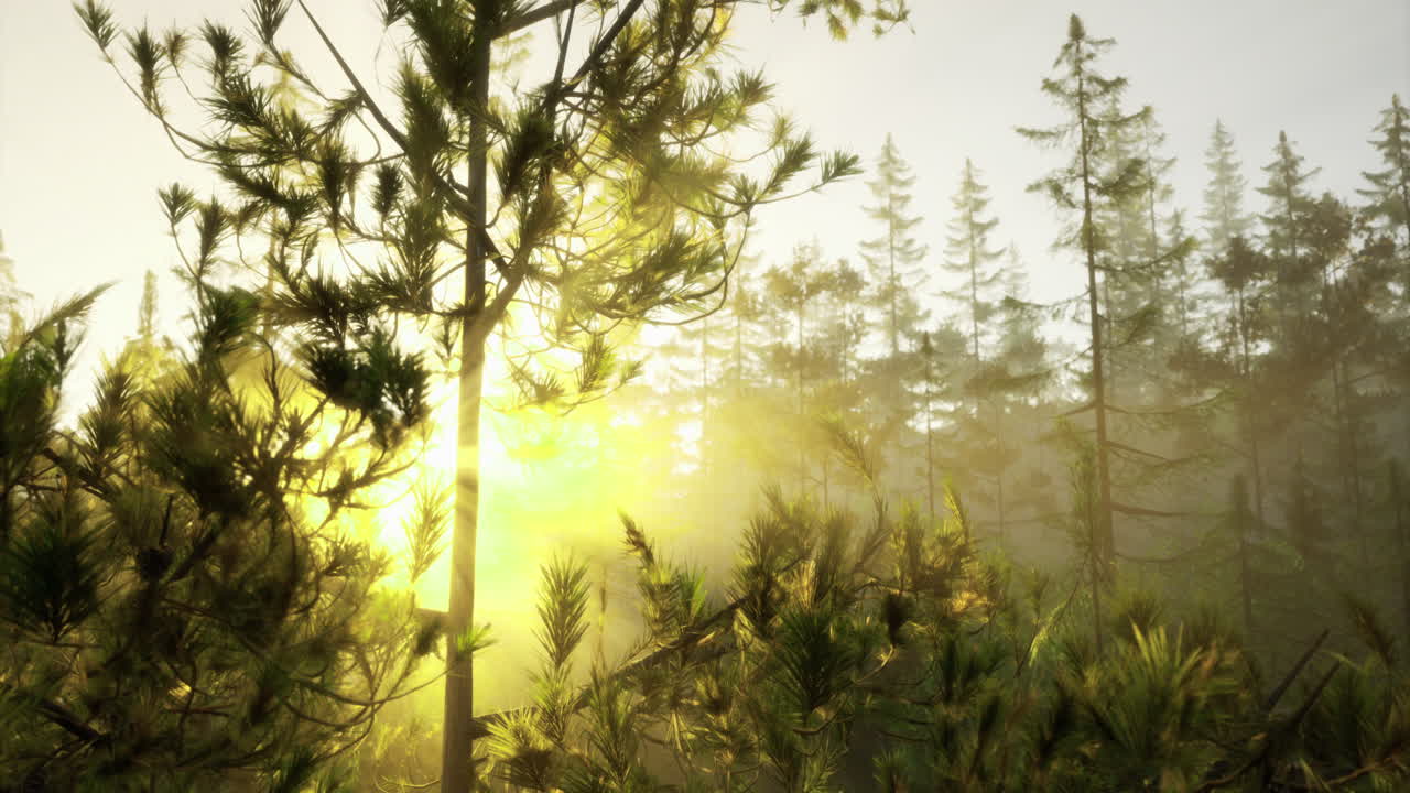 Bright sunlight filters through trees in a serene forest landscape