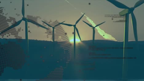 Animation-of-globe-and-data-processing-over-wind-turbines-at-sunset