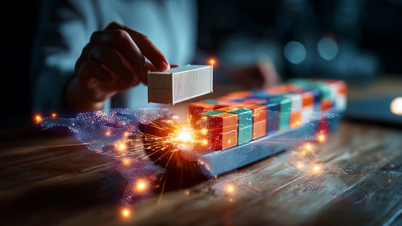 A skilled individual demonstrates precision and creativity by carefully placing a miniature cargo box atop a colorful stack of containers on a model transport vehicle against a blurred backdrop