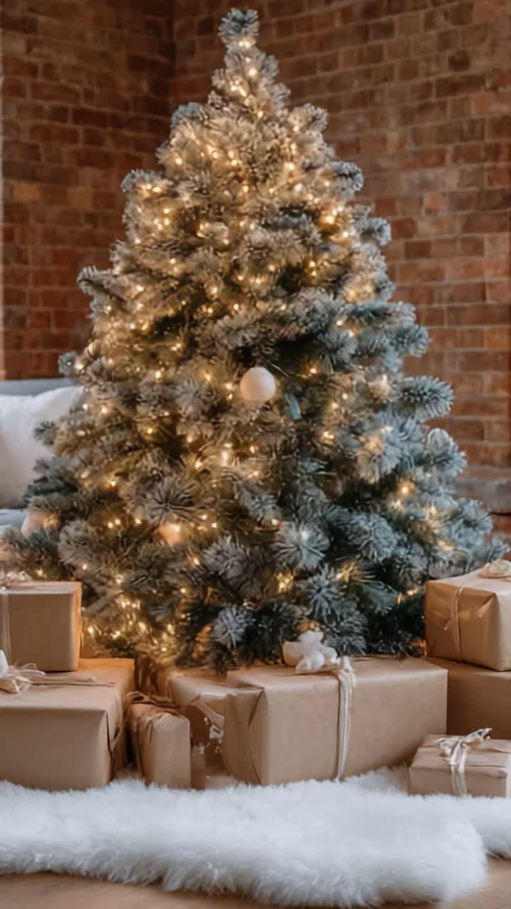 Un árbol de Navidad hermosamente decorado, rodeado de regalos festivos envueltos, que irradia calidez y alegría en un ambiente acogedor con texturas suaves y luces parpadeantes