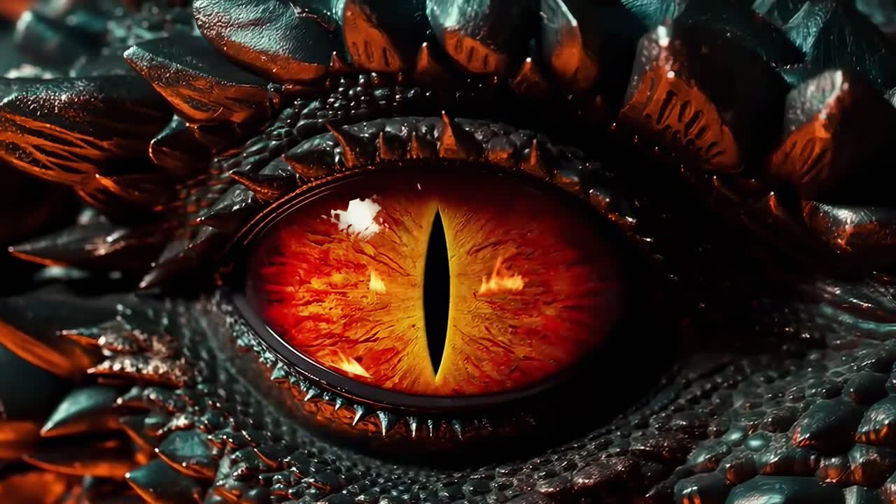 Close-up of a dragon's eye, fiery and intense, perfect for a fantasy video concept