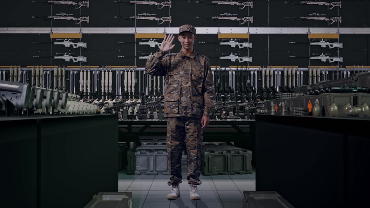 uomo asiatico soldato a figura intera che sorride, saluta con la mano e dice ciao in un arsenale militare