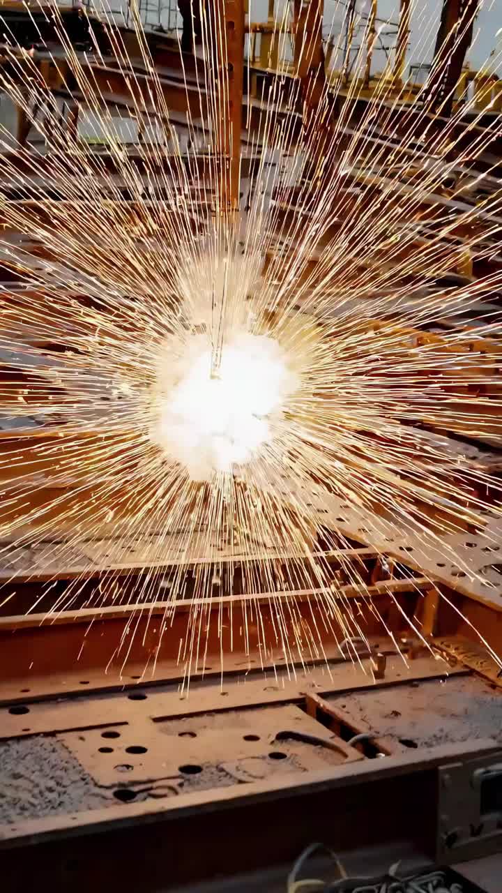 Dynamic video capturing sparks flying from welding on metal beams