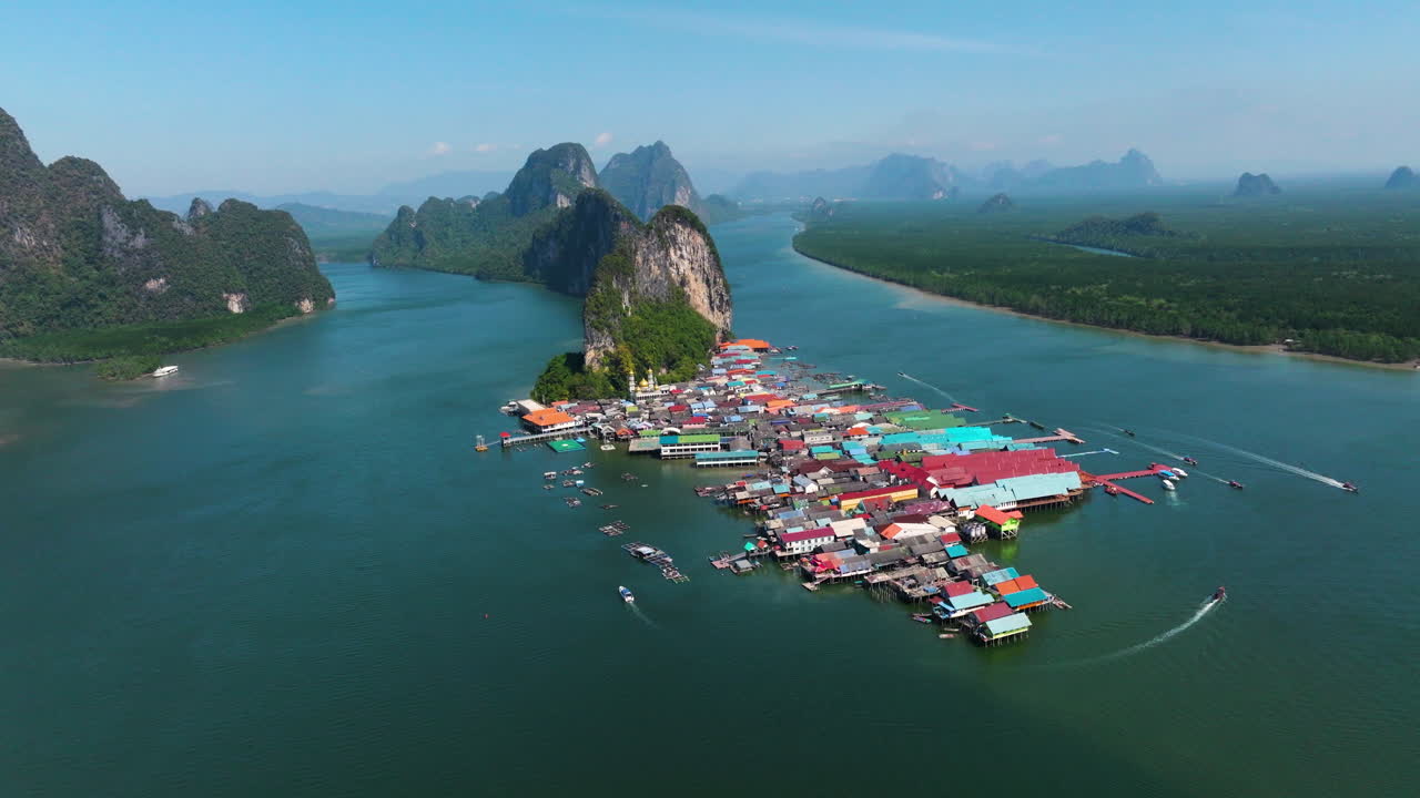 Limestone Island And Floating Village, Koh Panyee Island In Thailand - Aerial Drone Shot
