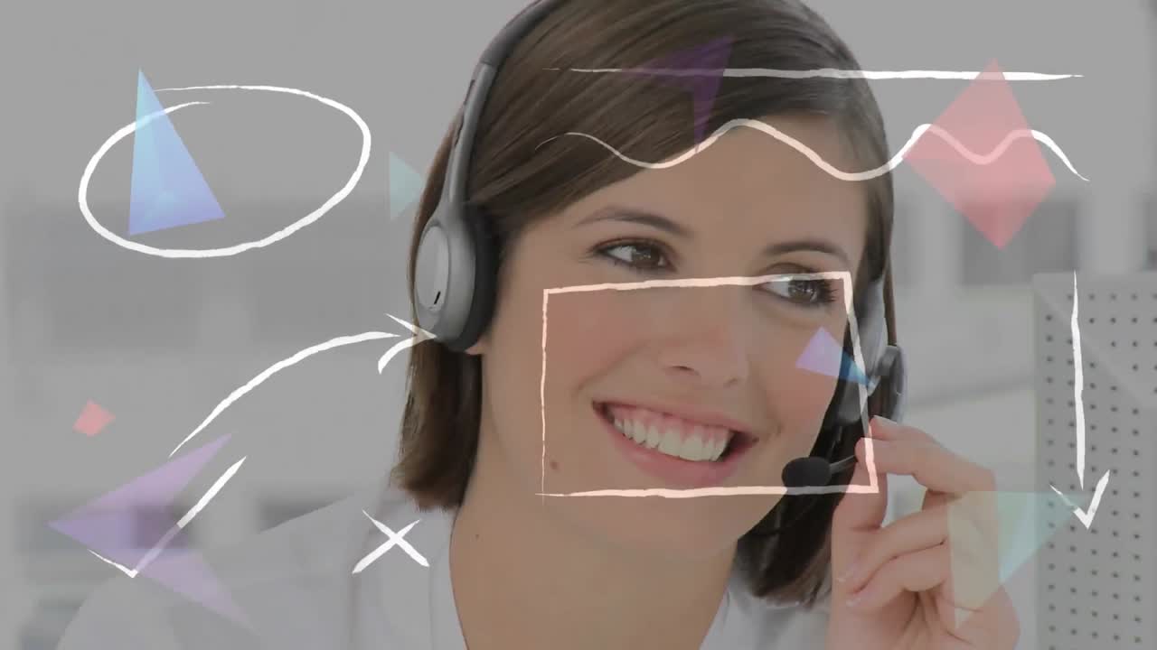 animación de líneas y flechas coloridas sobre una mujer de negocios usando auriculares de teléfono