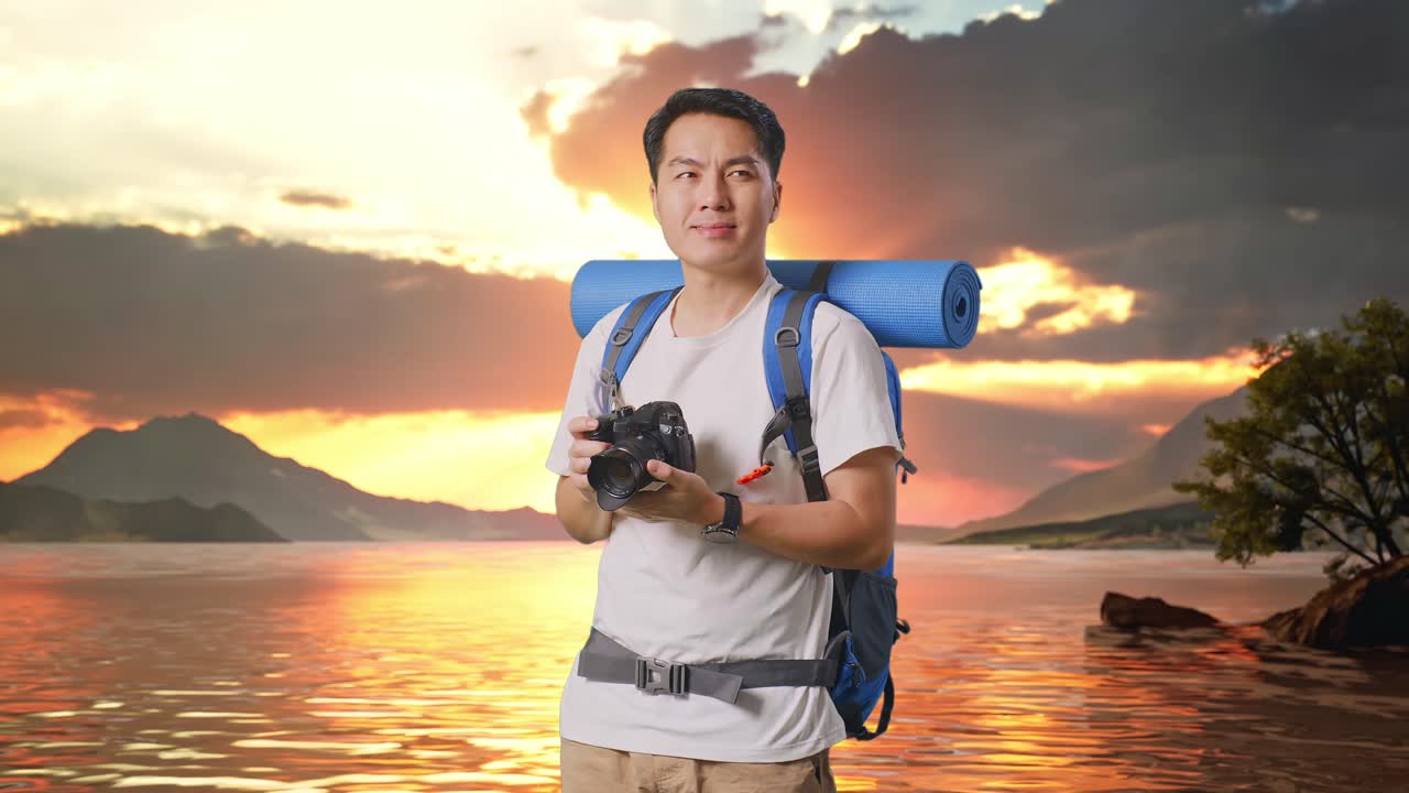 Asian Male Hiker With Mountaineering Backpack Smiling And Holding A Camera In His Hands Then Looking Around At A Lake