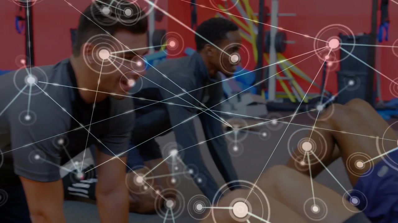 Animation of network of connections over diverse people exercising at gym