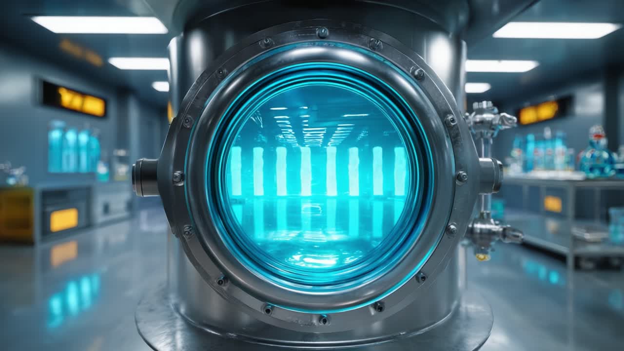Futuristic Lab Equipment: A Close-Up View of High-Tech Glass Container with Brilliant Blue Light, Showcasing Intricate Design and Modern Scientific Innovation