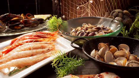 various seafood dishes served on table