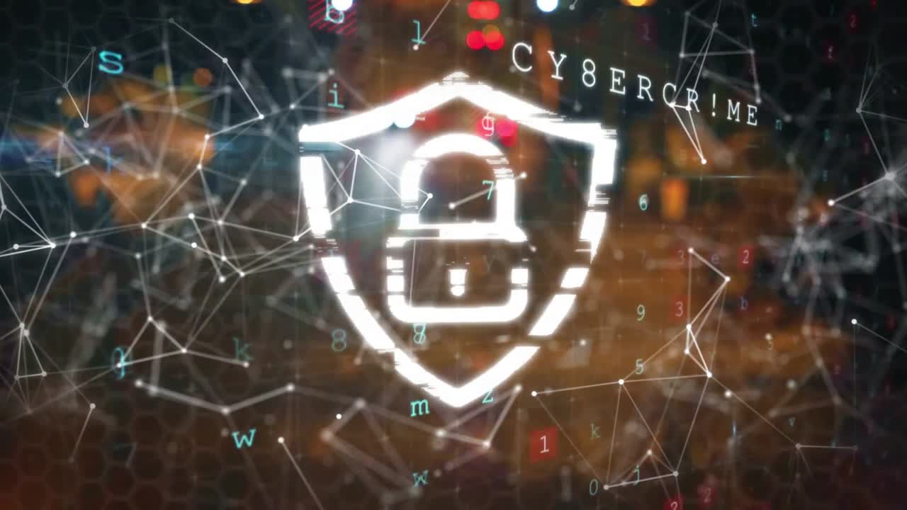 Light streaks sparking shield, padlock forming while digits and nodes orbiting, signaling security