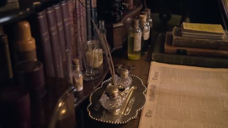 vintage study desk with books and papers