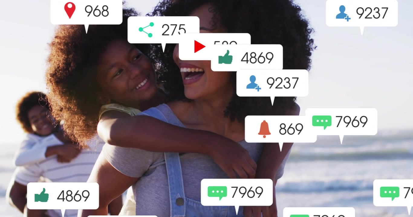 African American family walking on sunlit beach mother carrying girl piggyback notifications rising