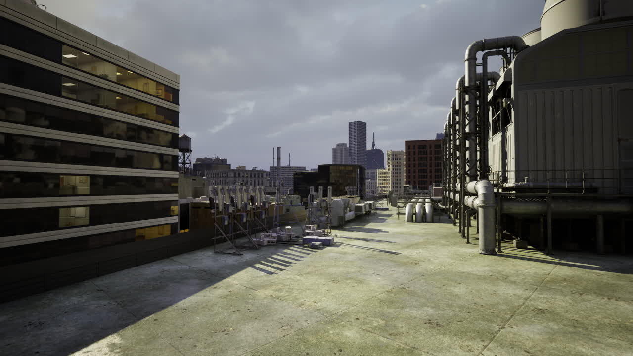 Urban rooftop view with industrial elements under cloudy sky