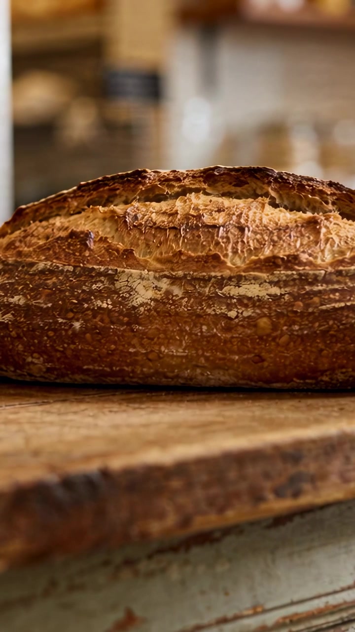 Vertical video: Hand entering frame, checking crust crispness of artisan loaf on board in kitchen