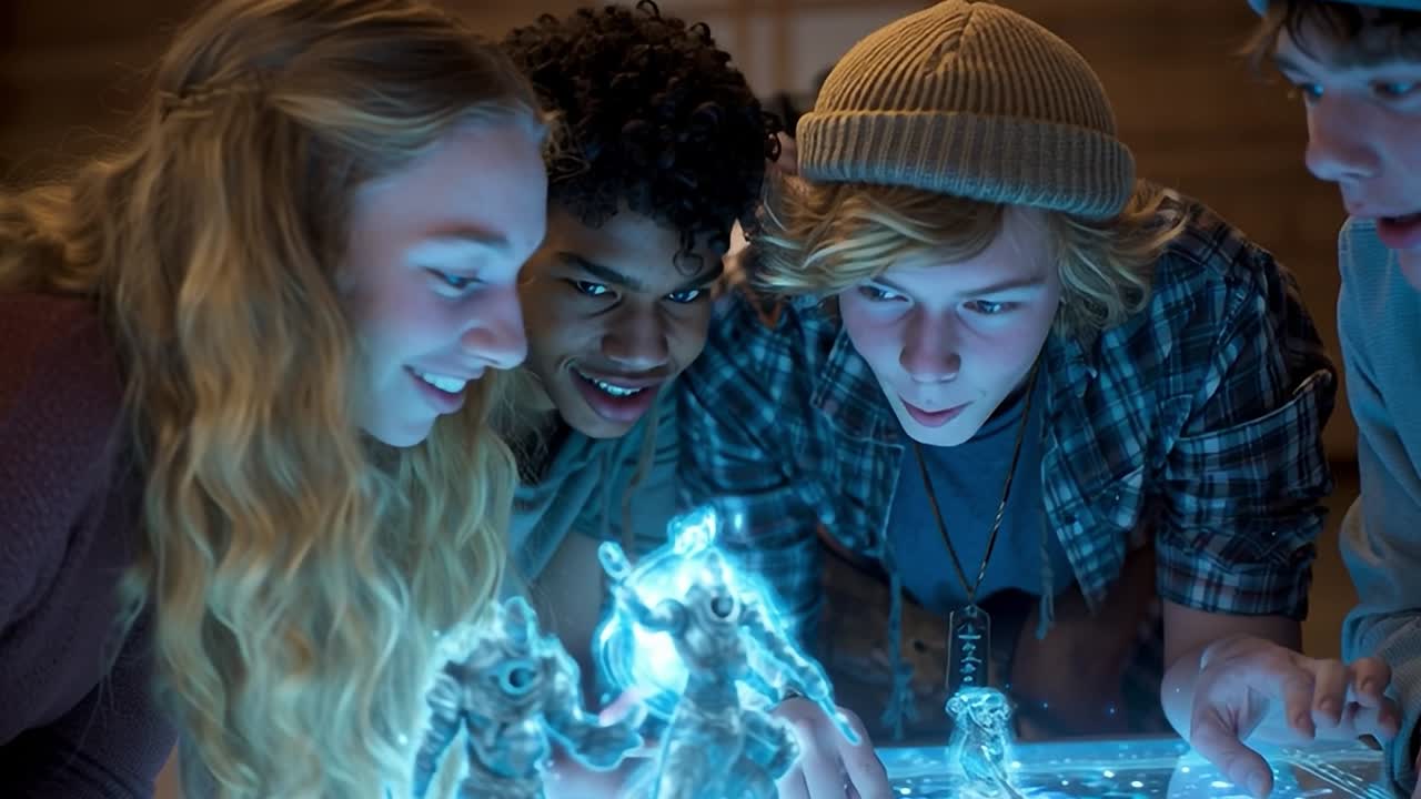 Vänner engagerade i ett interaktivt spel med holografiska figurer.