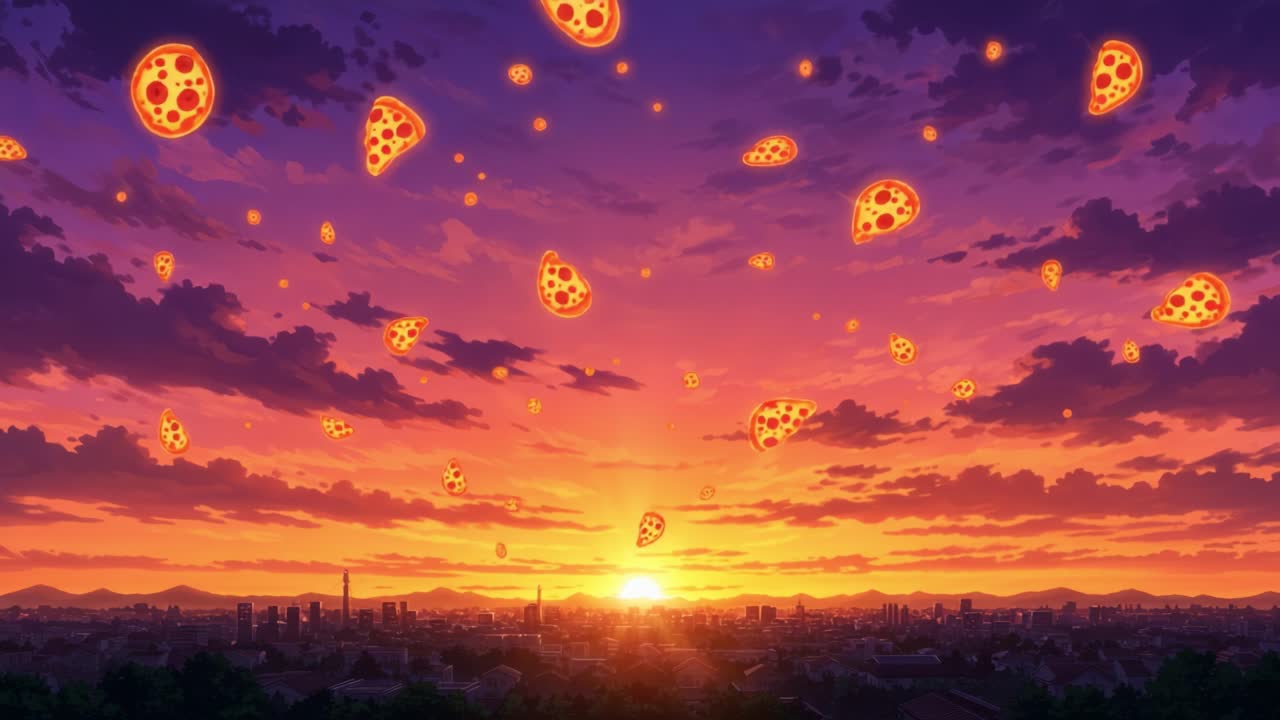 A Whimsical Sunset Over a Cityscape with Floating Pizza Slices, Blending Vibrant Orange and Purple Skies in a Dreamlike Atmosphere