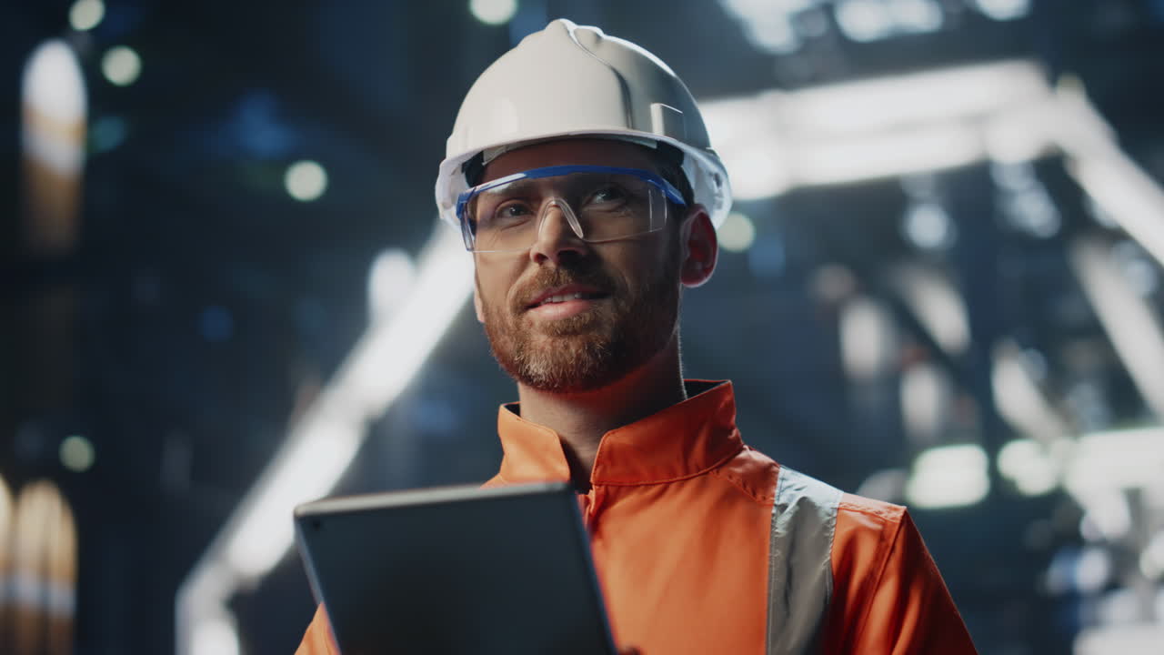 Satisfied factory inspector working tablet standing at production close up.