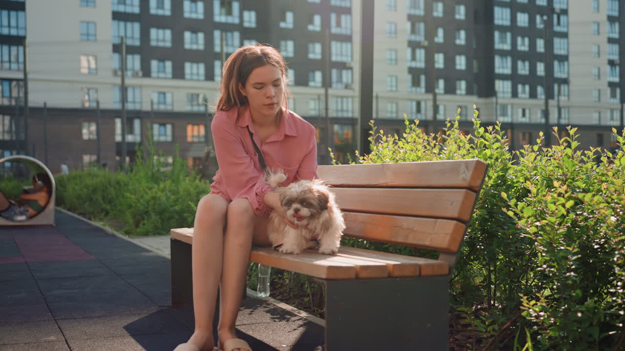 Young Caucasian Woman Cuddling Dog On Bench In Golden Hour, Apartment Skyline Backdrop, Soft Backlight, Affectionate Gaze And Gentle Caress, Fluffy Fur, Cozy CloseUp Portrait, Authentic Urban Pet