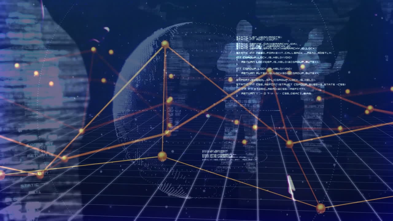 Digital globe with network connections and data processing animation over grid