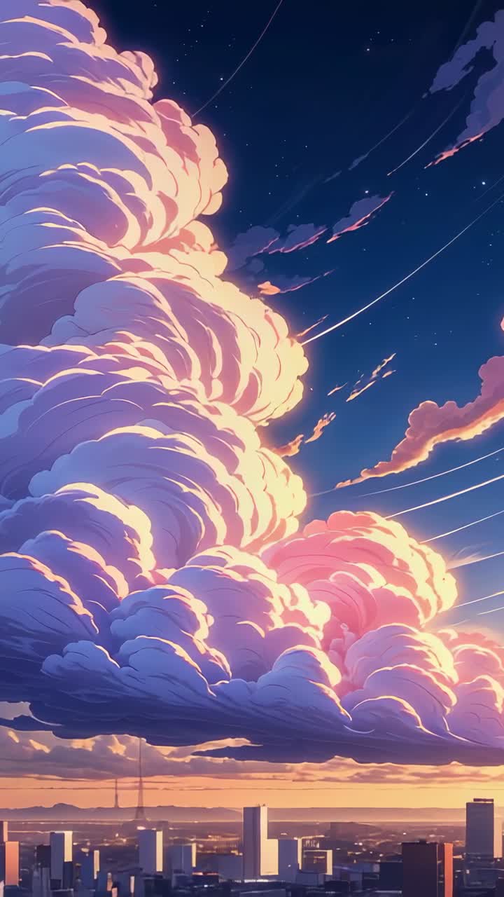 Vertical video: Following sun descending cumulonimbus shifting hues over cityscape with city lights