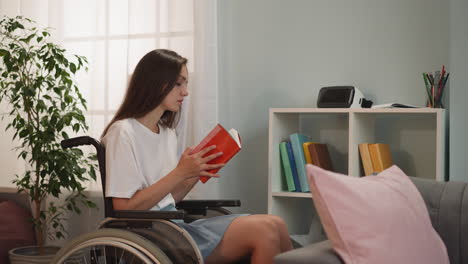 Brunette-woman-runs-through-book-pages-taken-from-shelf