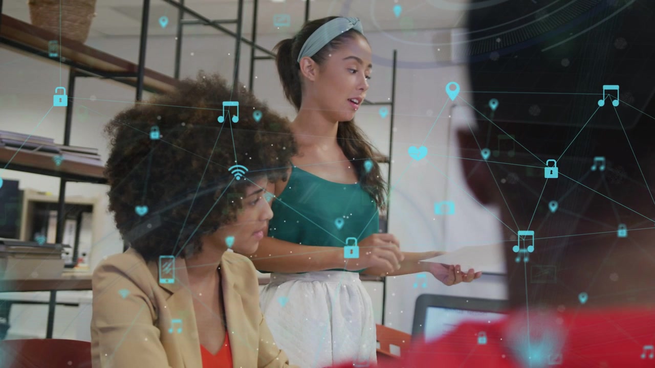 Standing woman rising and explaining tech, causing teal icons linking devices while showing pages