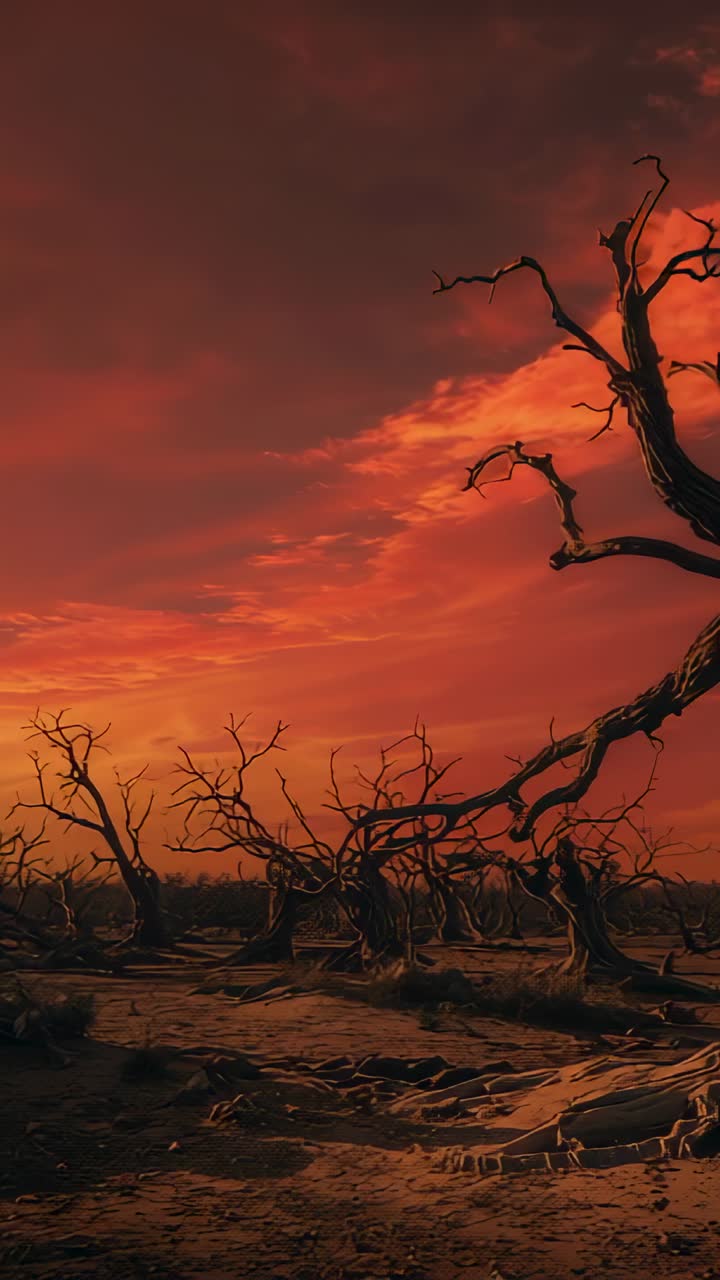 Vertical video: Dusk falling over cracked desert floor, revealing dead tree silhouette, copy space