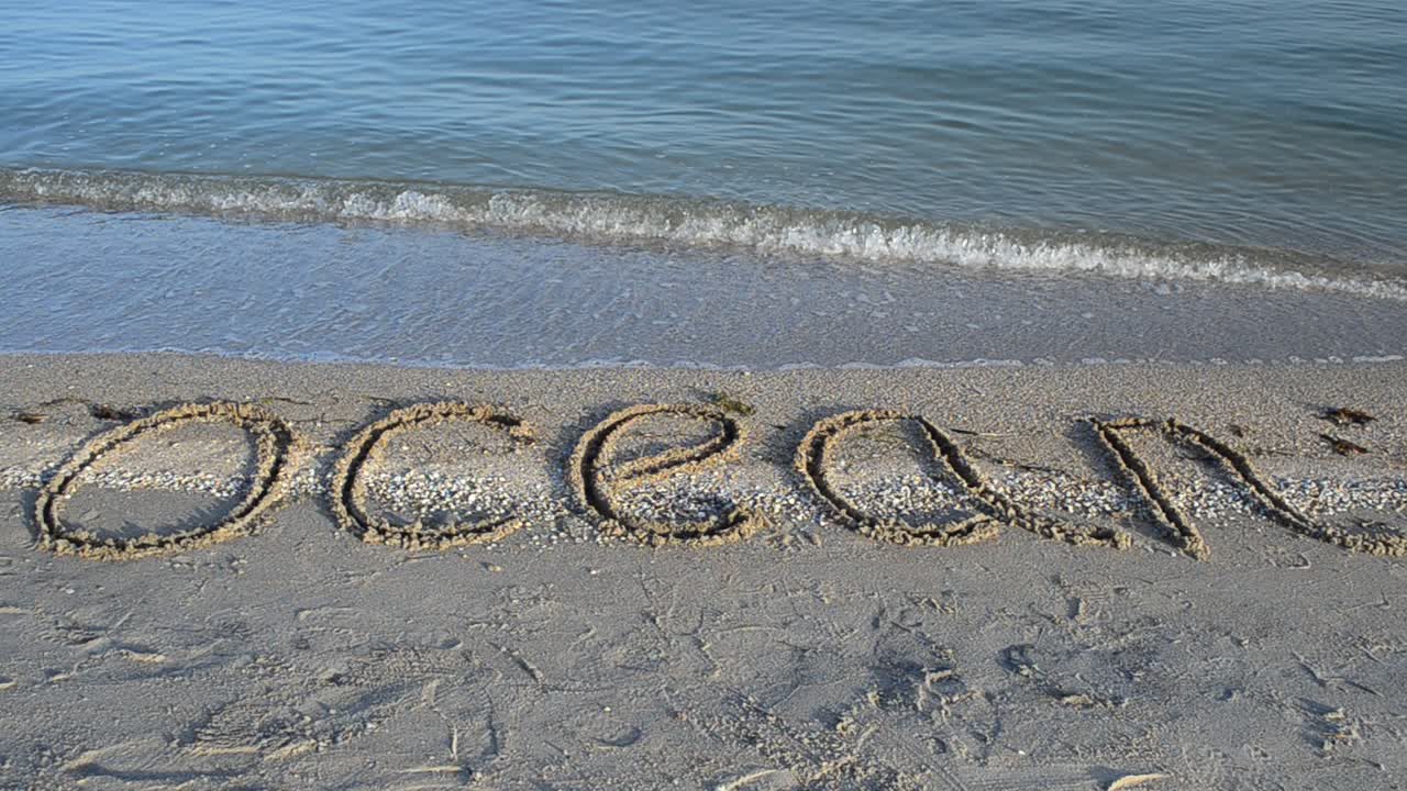 Scritta sull'oceano sulla sabbia, la spiaggia. Scritta sulla sabbia