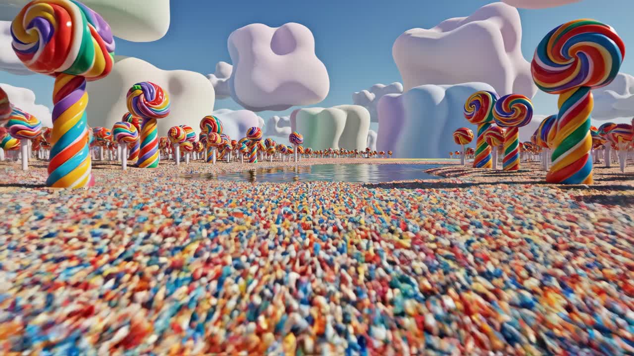 A Whimsical Candy Land with Lollipops and Rainbow Water