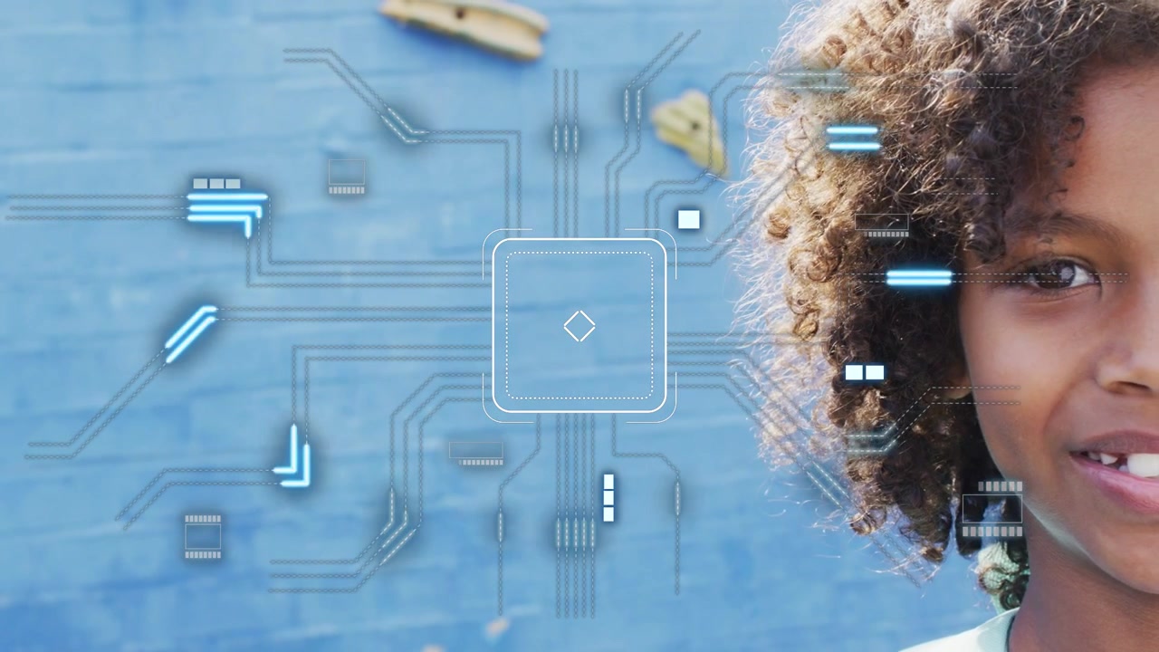 Smiling Mixed-Race Girl with Digital Circuit Board Overlay