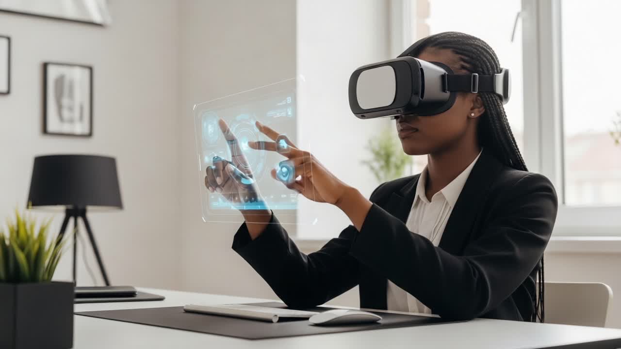 Exploring Virtual Reality Technology: A Professional Engaged in Immersive Digital Interactions with a VR Headset in a Modern Office Environment