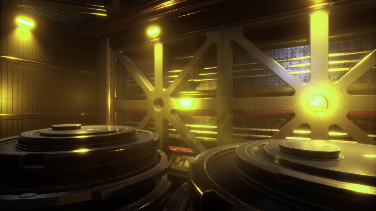 Industrial storage area with glowing lights and metallic surfaces at night