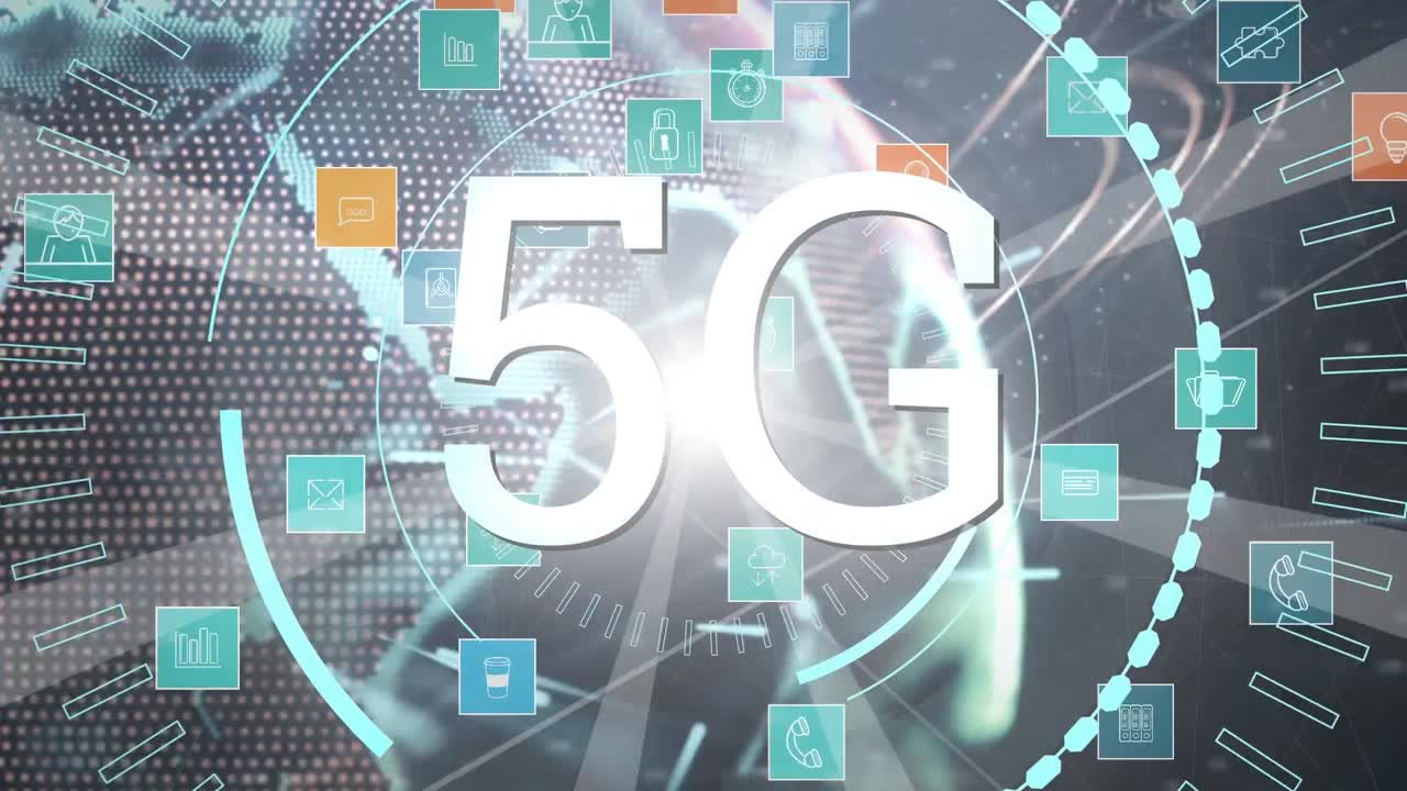 animazione di testo 5g con globo e icone con rete di connessioni
