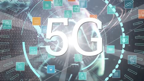 animación de texto 5g con globo y iconos con red de conexiones