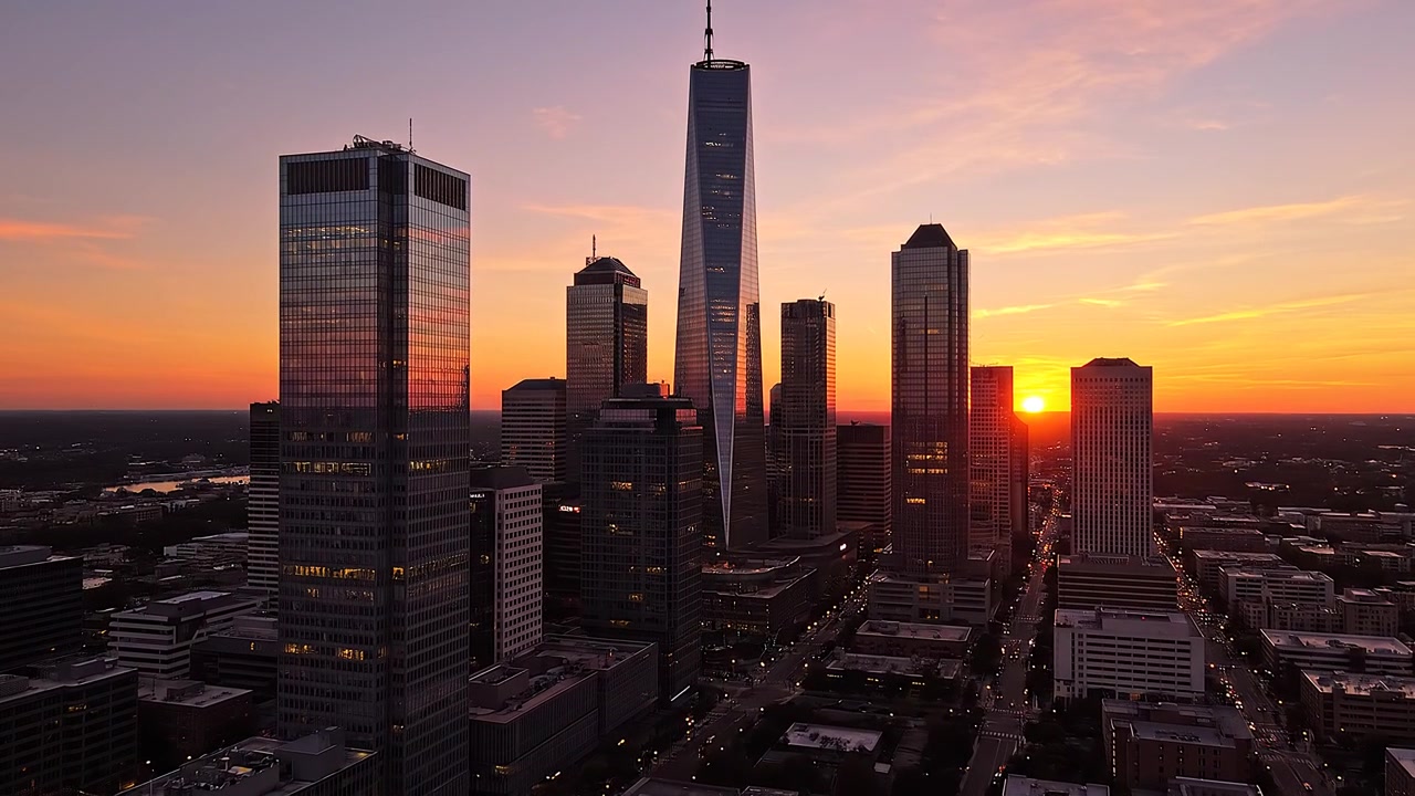 Impresionante paisaje urbano al atardecer con un rascacielos moderno y alto