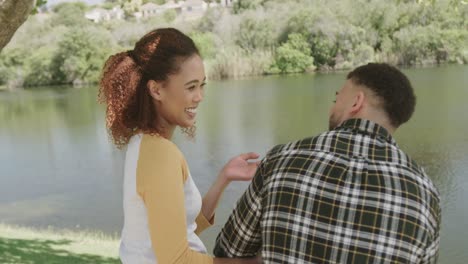 feliz pareja afroamericana sentada en un banco en el lago en el bosque, cámara lenta