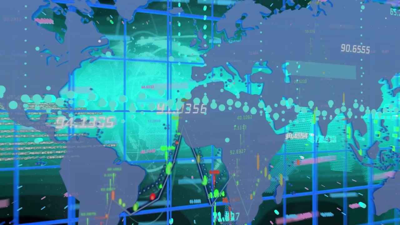 Animation of data processing with graph and world map and network of connections over globe