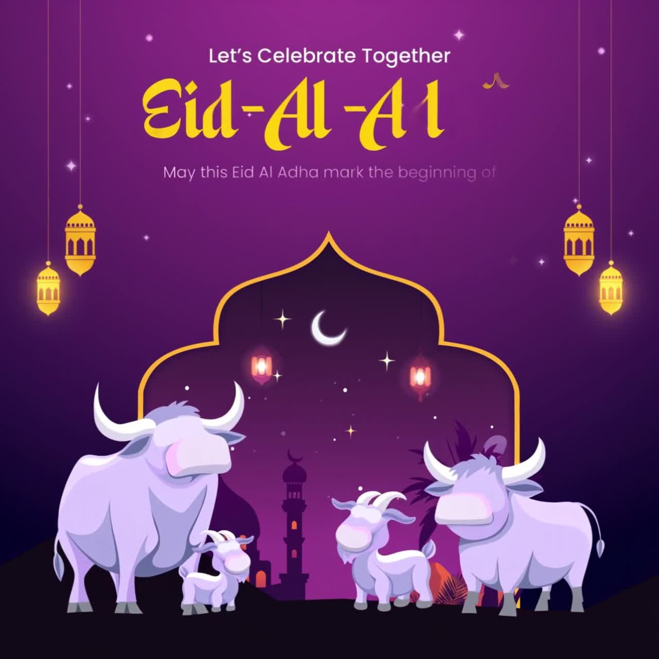 Scena di animazione per Eid Al Adha Mubarak con un gruppo di mucche e vitelli sotto un arco islamico, con luci di lanterne e luna crescente che festeggiano.