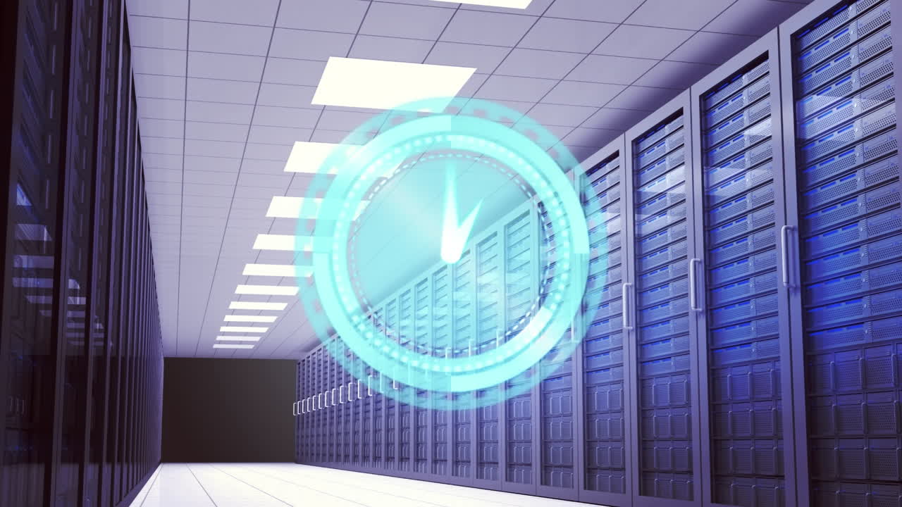 Animation of clock moving fast over computer servers in tech room