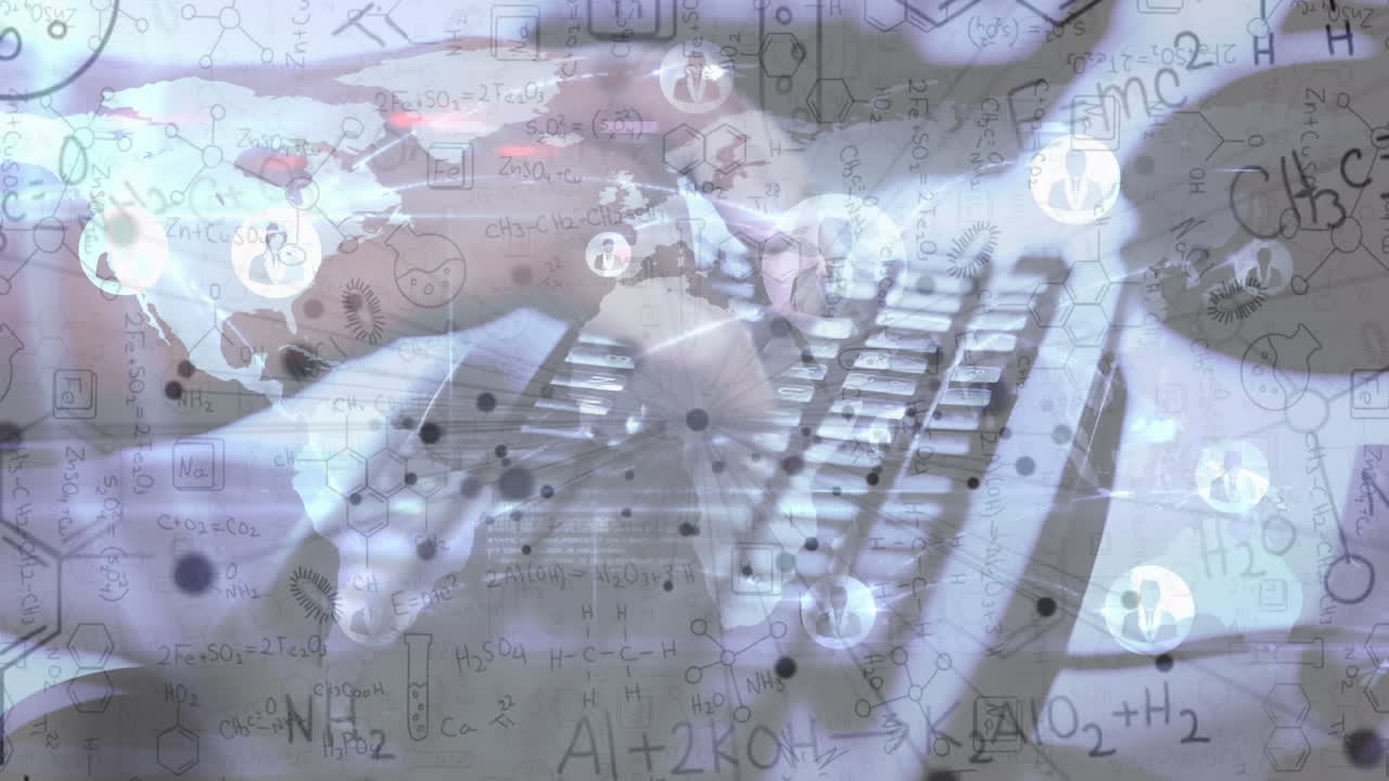 animación de la red de conexiones y ecuaciones matemáticas sobre las manos escribiendo en el teclado