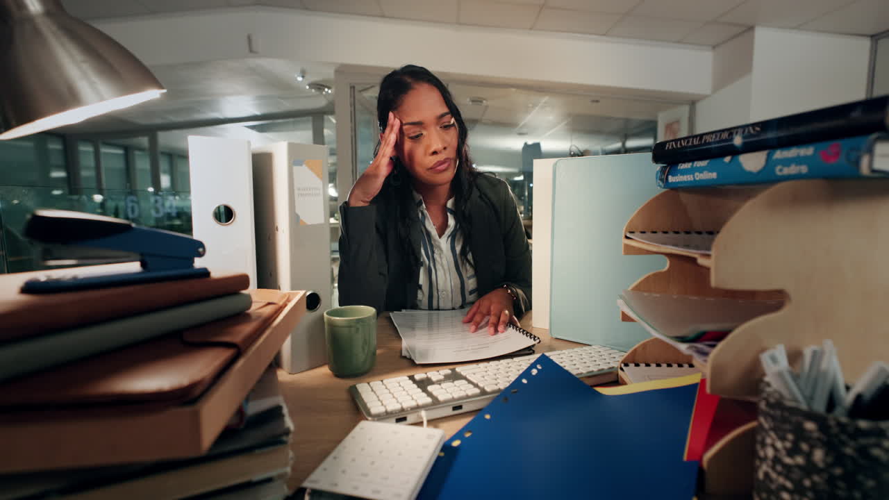 Tired, business woman and stress from paperwork