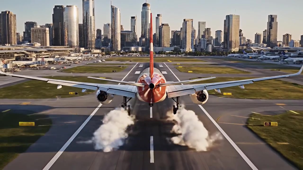Aereo commerciale in atterraggio su pista aeroportuale con lo skyline della città sullo sfondo
