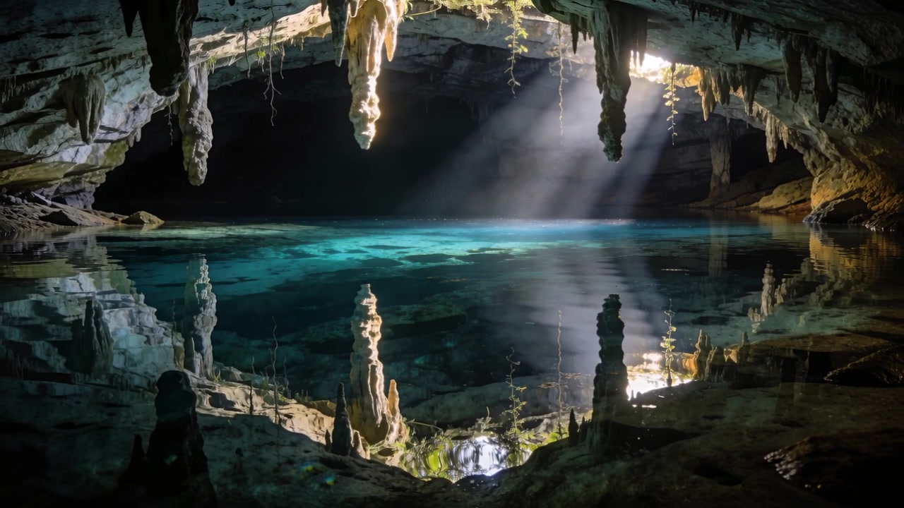 Cavern with turquoise pool receiving sunbeams through ceiling opening, brightening right rock shelf