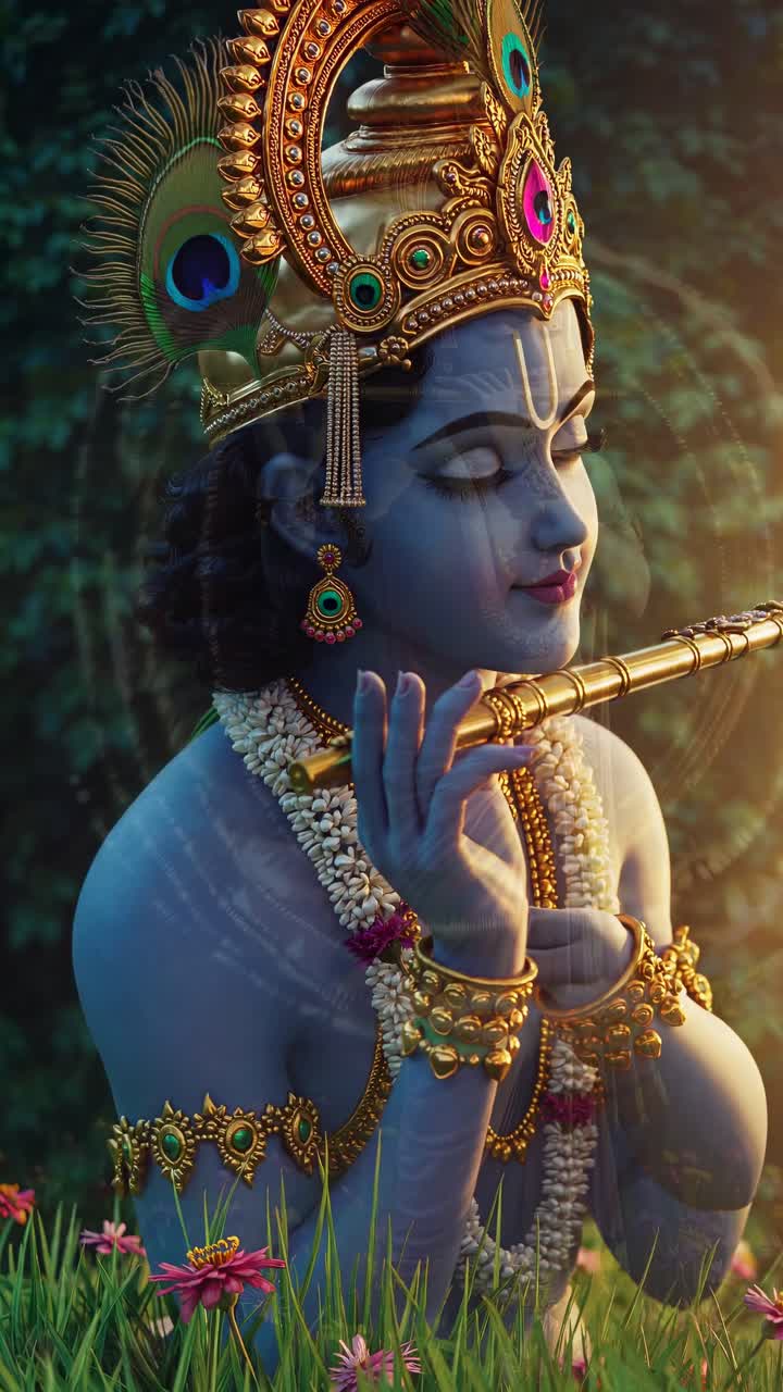 A serene video scene of a deity playing a flute in a lush forest