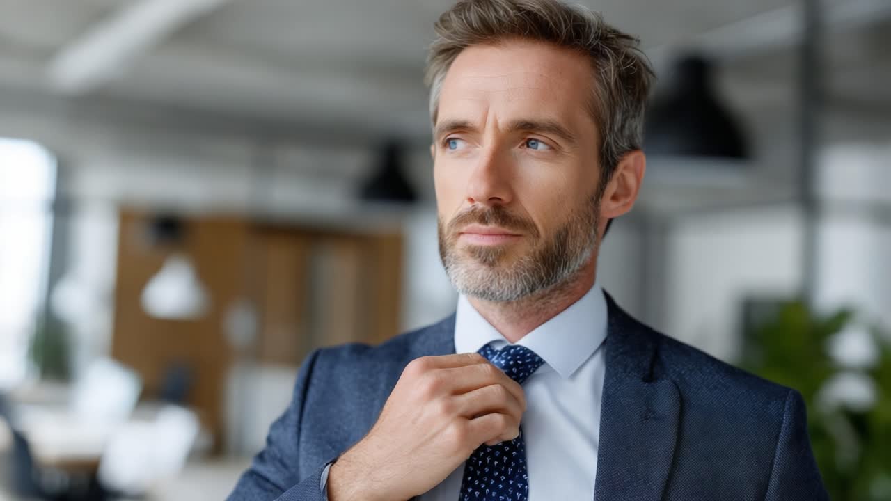 AConfidentProfessionalAdjustingHisTieInAModernOfficeEnvironmentCapturingTheEssenceOfBusinessAttireAndSelfAssuranceInTheWorkplace