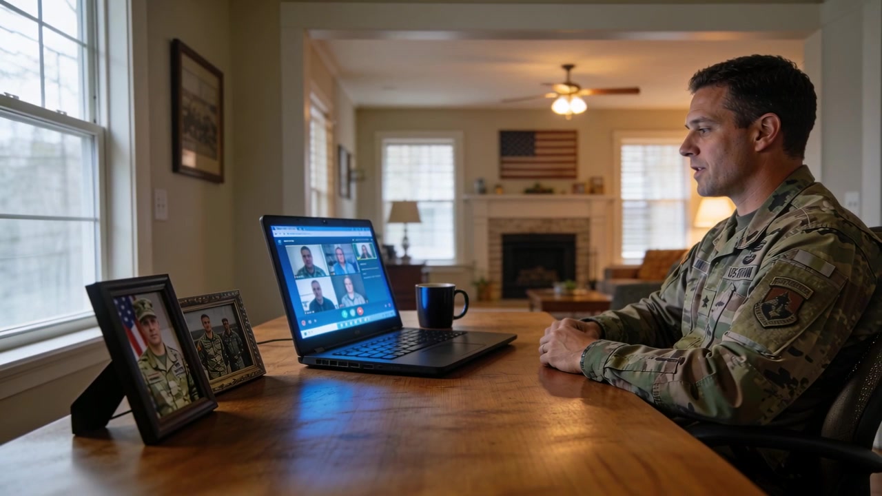 Answering incoming meeting alert, soldier in camouflage attending laptop call at home, copy space