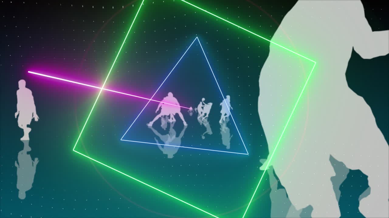 농구 선수들의 실루 ⁇  위에 회전하는 네온 모양과 불빛의 애니메이션