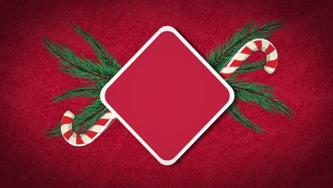 Animation-of-candy-canes-and-fir-tree-over-sign-with-copy-space-on-red-background