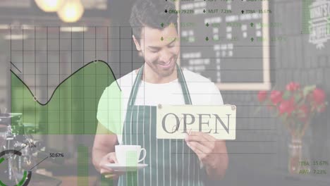 datos financieros sobre el retrato de un hombre sonriente en un café con un letrero abierto.